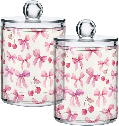 ALAZA 4pcs Watercolor Bow Cherry Qtip Holder Dispenser 14 oz Bathroom Storage Clear Apothecary Jars Containers Cotton Ball,Cotton Rounds,Floss Picks, Hair Clips, Food