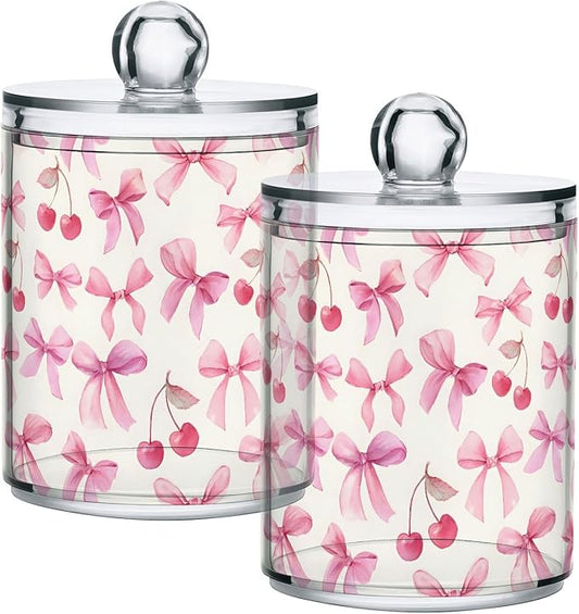 ALAZA 4pcs Watercolor Bow Cherry Qtip Holder Dispenser 14 oz Bathroom Storage Clear Apothecary Jars Containers Cotton Ball,Cotton Rounds,Floss Picks, Hair Clips, Food