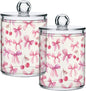 ALAZA 2pcs Watercolor Bow Cherry Qtip Holder Dispenser 14 oz Bathroom Storage Clear Apothecary Jars Containers Cotton Ball,Cotton Rounds,Floss Picks, Hair Clips, Food
