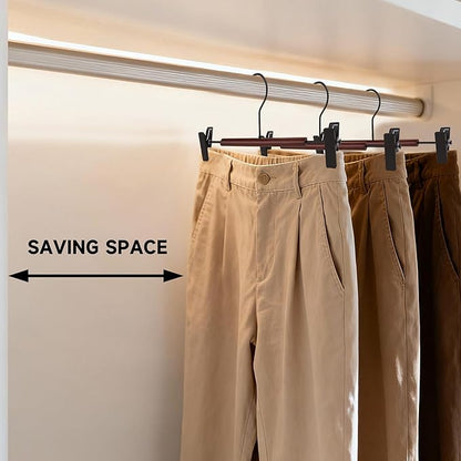 12-Pack Wire Pants Hangers with Adjustable Clips, Premium Wooden Skirt Hangers, Non-Slip Clamp Bottom Hangers for Trousers, Jeans, Shorts & Clothing Organization (Black)