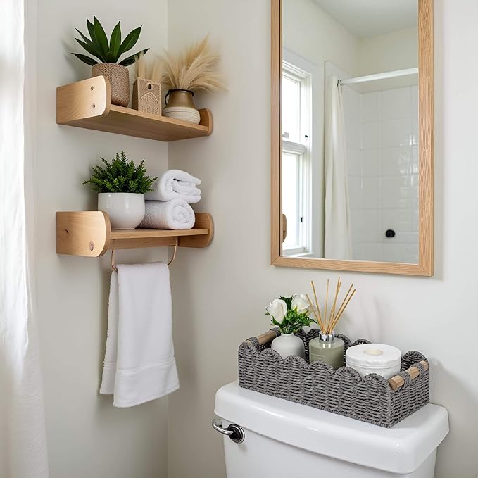 CubesLand Bathroom Basket Organizer, Toilet Tank Paper Storage Baskets 2-Pack, Scalloped Decorative Basket for Countertop w/Handle, Wicker Basket for Bathroom Decor, Home Decor, Living Room, Grey