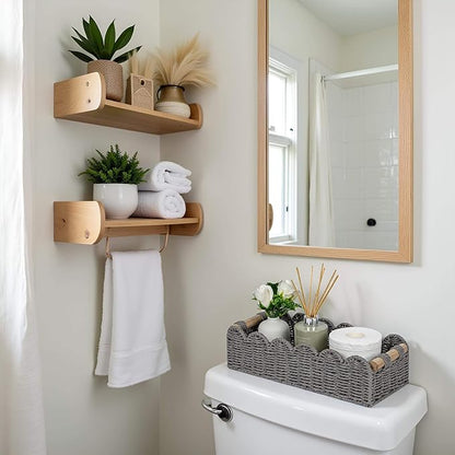 CubesLand Bathroom Basket Organizer, Toilet Tank Paper Storage Baskets 2-Pack, Scalloped Decorative Basket for Countertop w/Handle, Wicker Basket for Bathroom Decor, Home Decor, Living Room, Grey