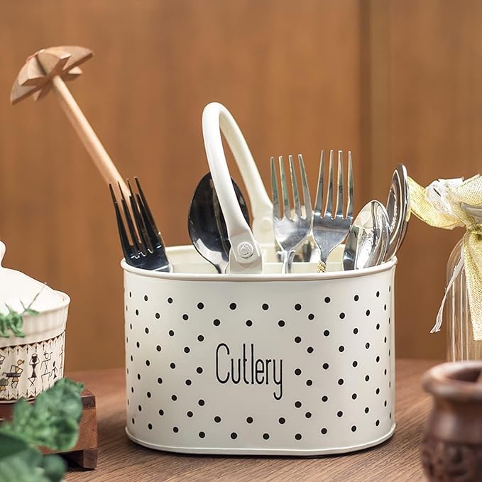 Metal Self Draining Tableware Storage Box - Spoon, Knife, Fork, Chopstick, Cutlery Holder Kitchen Organizer Stand Dining Multifunctional Stand Drawer Organisers, (Off-White)