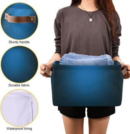 YETTASBIN Blue Solid Color Storage Basket 2pc, Large Collapsible Toys Clothes Organizer, Durable Canvas Storage Bin with Handle for Shelves Closet Laundry Home Office Decor
