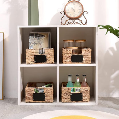 Water Hyacinth Storage Baskets Set of 4 - Foldable Seagrass Organizers with Chalk Labels,10.8x9x4.9 Inch,Rectangular Woven Pantry Bin for Shelves
