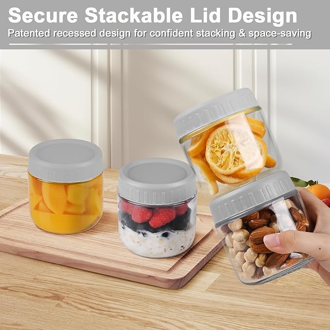 Overnight Oats Containers with Lids, 10oz Wide Mouth Mason Jars with Lids, 6 Pack Glass Jars with Airtight lid for Chia Pudding Yogurt Salad, Meal Prer Oatmeal Jars, Gray