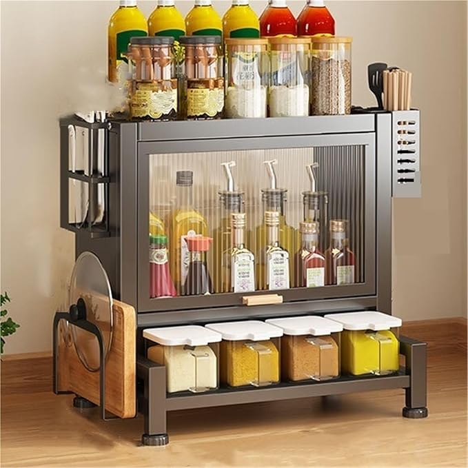 Home Furnishing Seasoning Bottle Storage Box Spice Rack Kitchen Countertop Storage Cabinet Pantry Sideboard Freestanding Counter Storage Organizer for Kitchen Living Room(Black,41cm)