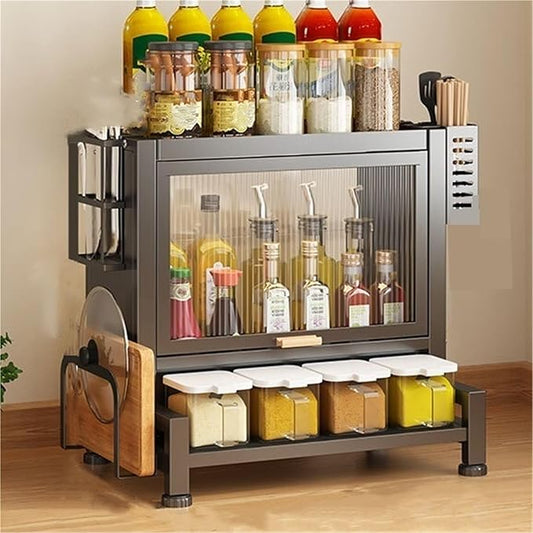 Home Furnishing Seasoning Bottle Storage Box Spice Rack Kitchen Countertop Storage Cabinet Pantry Sideboard Freestanding Counter Storage Organizer for Kitchen Living Room(Black,41cm)