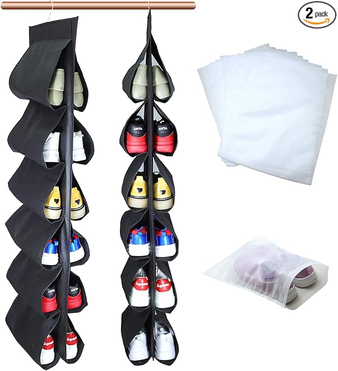 2 Pack 12 Large Pockets Hanging Shoe Organizer for Closet with Roating Hanger for Storage Mens Shoes,Kids Clothes,Also can used as Travel shoe rack hanging,Black