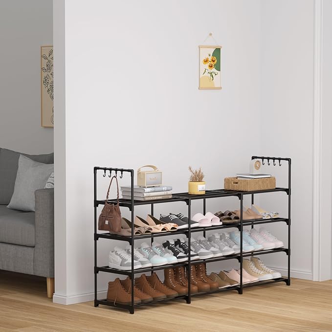 3 Row 4 Tier Long Shoe Rack, Black Metal Stackable Shoe Shelf with Multifunctional Hooks, Shoe Storage Hold 24-30 Pairs, Space Saving Shoe Organizer for Closet,Wide Shoe Rack
