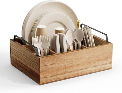 Paper Plate Holder Utensil Caddy Organizer, Wooden Utensil Holder Organizer for Party, Paper Plate Organizer or Cups, Forks, Spoons, Napkins and Silverware Holders