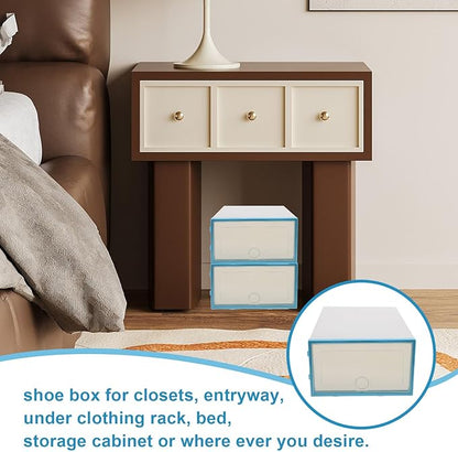 6pcs Stackable Thickened Plastic Shoe Boxes with Blue Frame Shoe Storage Containers for Women’s Closet Organization and Storage