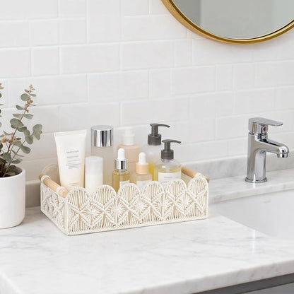 Mkono Macrame Storage Basket, Scalloped Edge Toilet Paper Basket Boho Woven Decor, Small Countertop Organizer with Handles for Shelf, Living Room, Bedroom, Home,Office, 1 Pack, Ivory