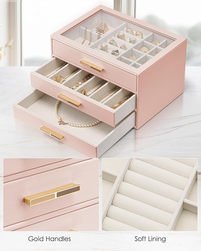 VLANDO Jewelry Box for Women, Glass Lid Jewelry Organizer with 3 Drawers for Necklaces Rings Earrings Bracelets Mother Day Gift for Mom - Dark Pink