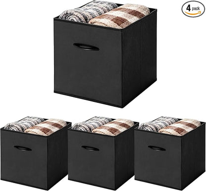 WUIKE 13-Inch Black Storage Cube Bins, Leather Front Cubby Organizer Baskets with Handles, Collapsible Storage Bins for Shelves and Closet, 4-Pack
