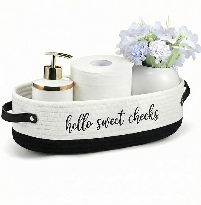 Hello Sweet Cheeks Bathroom Decoration Black and White Cotton Rope Toilet Basket Toilet Paper Holder Basket Rustic Bathroom Organizer Farmhouse Home Decoration Organizing Small Baskets
