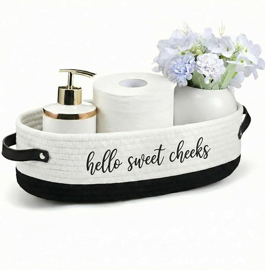Hello Sweet Cheeks Bathroom Decoration Black and White Cotton Rope Toilet Basket Toilet Paper Holder Basket Rustic Bathroom Organizer Farmhouse Home Decoration Organizing Small Baskets