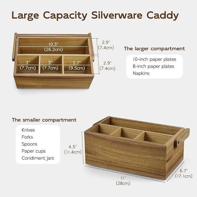 Acacia Paper Plate Dispenser, Paper Plate Holders with Handle, Picnic Silverware Caddy for Party, Cutlery Holder for Countertop, Wood Utensil Organizer for Home Kitchen & RV