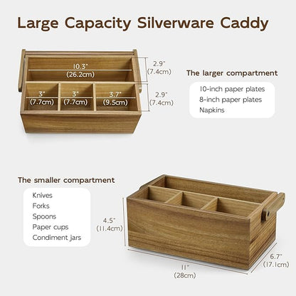 Acacia Paper Plate Dispenser, Paper Plate Holders with Handle, Picnic Silverware Caddy for Party, Cutlery Holder for Countertop, Wood Utensil Organizer for Home Kitchen & RV