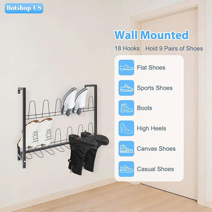 Gdrasuya10 Metal Wall Mounted Shoe Rack, 3-Tier Premium Black Metal Hanging Wall Shoe Organizer for Closet & Entryway, Door Shoe Storage Hanger Shoe Holder, Holds 9 Pairs