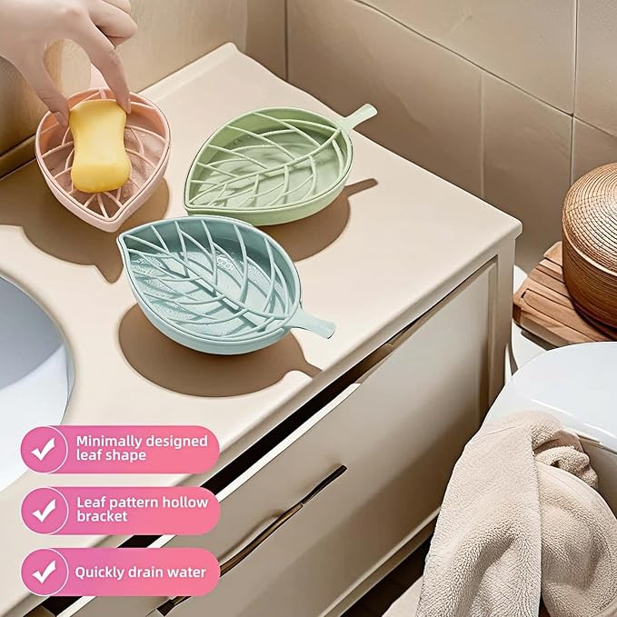 Leaf-Shaped Soap Dish Set, 2-Tier Soap Holder Drain Rack, Leaf Design - No Drill Wall Mount, Detachable Bathroom Organizer for Shower Sink (Pastel Green/Blue/Pink)