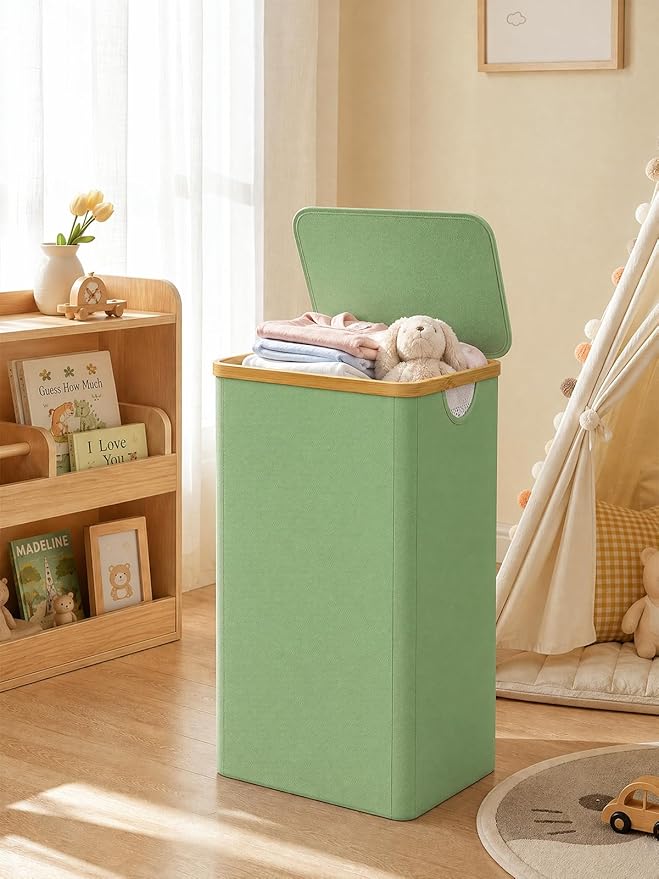 iEGrow Laundry Basket with Lid, 110L Large Laundry Hamper with Banboo Handle, Dirty Clothes Hamper with Removable Inner Bag for Laundry Room Organization- Green