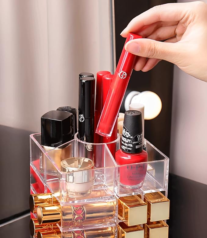 Sooyee 360 Degree Spinning Lipstick Organizer Holder 53 Spaces, Acrylic Cosmetic Display Cases for Lipstick, Brushes, Bottles, and More, Clear