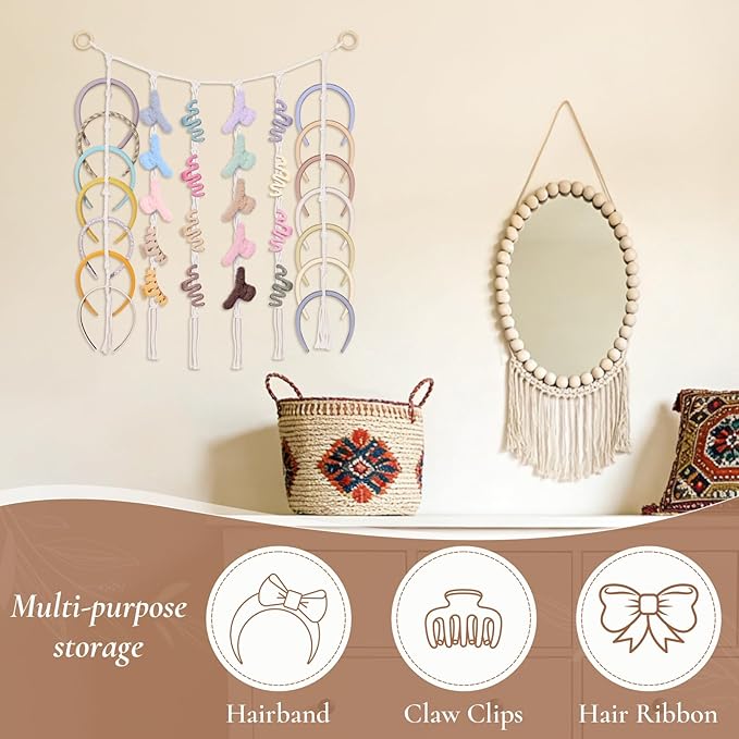 SNOWSTAR Macrame Hair Claw Clip Organizer,Hanging Headband Holder and Storage for Women Girls,Headbands Organizer Hanger Home Decor for Wall,Door,Close