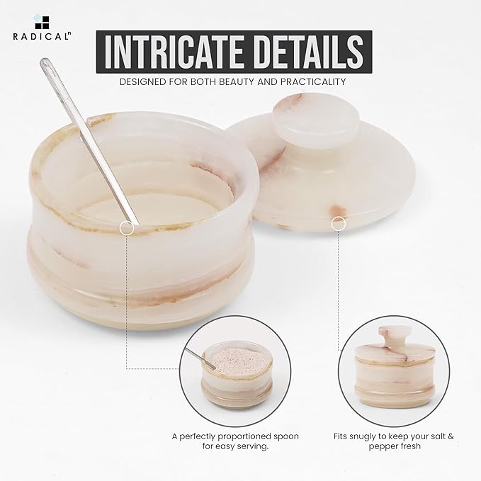 Radicaln Marble Salt Cellar with Lid 4" Inch White Onyx Handmade Salt Jar & Table Salt Storage For Kitchen Countertop, Ideal Salt Container, Salt Dish & Sugar Bowl For Kitchen Counter