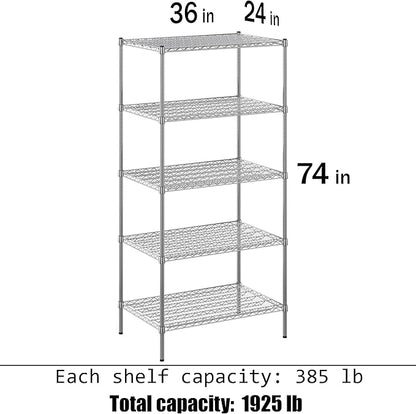24" Deep x 36" Wide x 74" Height Wire Shelving Kit | 5-Tier | NSF Commercial Storage Rack Unit