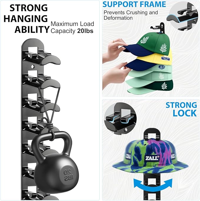 2 Pack Hat Hook Organizer for Baseball Caps, Hat Hanger Holder for 20 Caps, Wall Hat Rack with Strong Adhesive, Multilayer Cap Storage Hooks for Closet Door and Bedroom (Style B-Black)