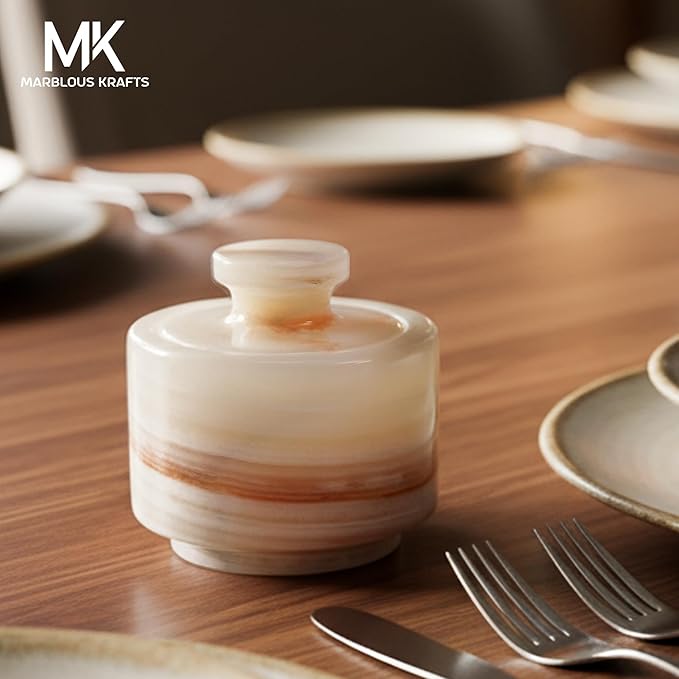 MARBLOUS KRAFTS Marble Salt Cellar 3" Inch White Onyx Salt Holder With Lid for Spice Jar & Stone Salt Container, Modern Sugar Bowl