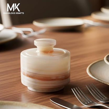 MARBLOUS KRAFTS Marble Salt Cellar 3" Inch White Onyx Salt Holder With Lid for Spice Jar & Stone Salt Container, Modern Sugar Bowl