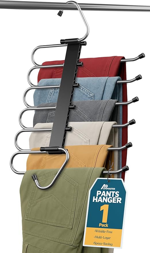 Black Space Saving Pants Hangers 1 Pack, 6 Layer Jeans Hangers & Closet Organizer for Jeans, Scarves, Skirts, Multi-Layer Hanger with Anti-Slip Coating & Stopper, Heavy-Duty S-Type Stainless Steel