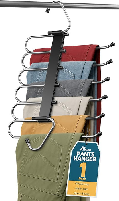 Black Space Saving Pants Hangers 1 Pack, 6 Layer Jeans Hangers & Closet Organizer for Jeans, Scarves, Skirts, Multi-Layer Hanger with Anti-Slip Coating & Stopper, Heavy-Duty S-Type Stainless Steel