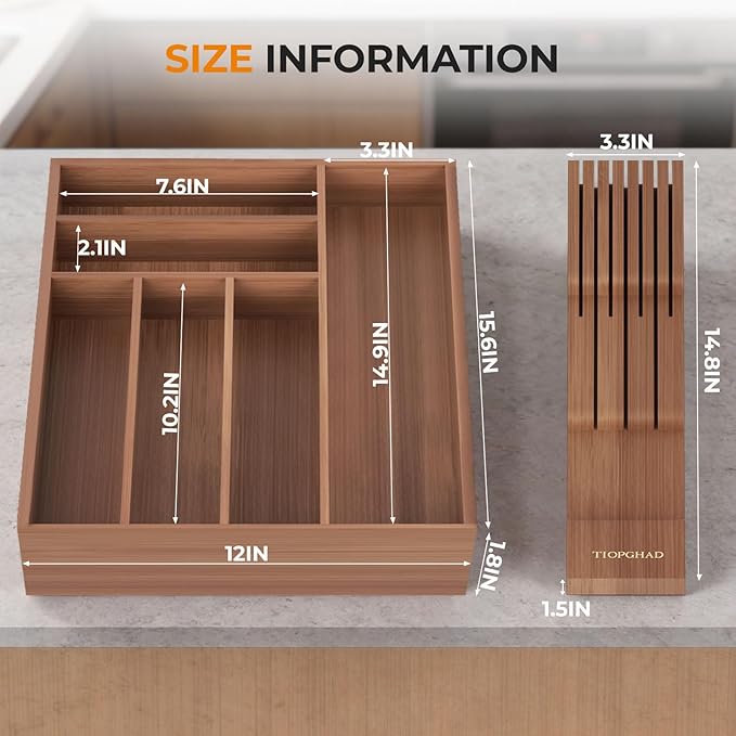 TIOPGHAD Small-Bamboo-Silverware-Drawer-Organizer, Expandable Utensil Kitchen Cutlery Tray Flatware Organization Wood Tableware Dividers Storage (with Removable Knife Block)(Brown)