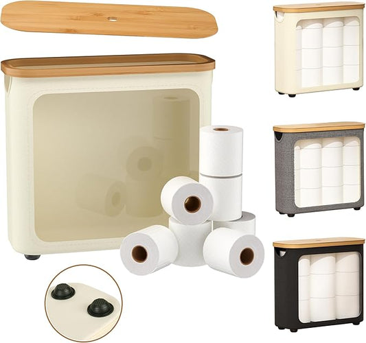 Toilet Paper Storage with Bamboo Lid,Foldable Basket Organizer for Bathroom, Holds 9 Mega/12 Regular Rolls, Waterproof Toilet Paper Holder Storage with Non-Slip Base,Beige