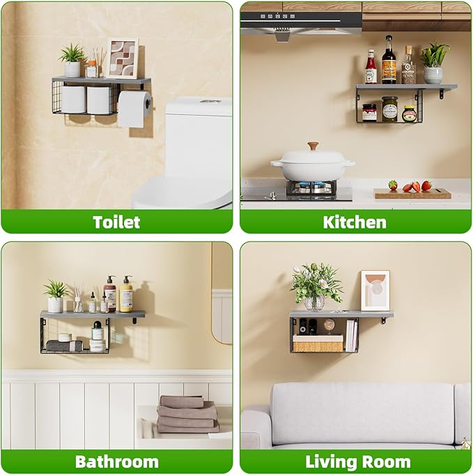 VITVITI Toilet Paper Holder with Shelf, Wall Mounted Toilet Paper Storage Basket, Wood Metal Toilet Roll and Wipes Holder for Bathroom Farmhouse (Gray)