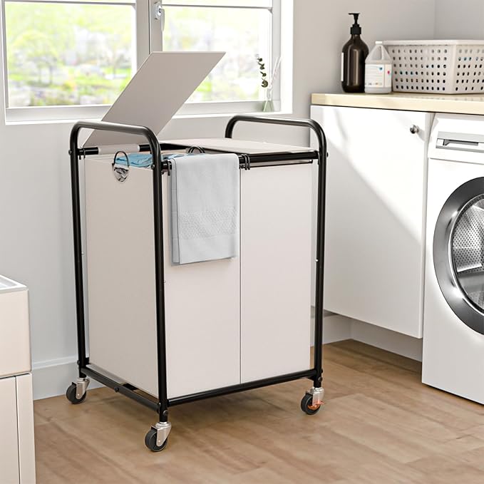 120L (31.7 Gal) Laundry Sorter 2 Section, Rolling Laundry Basket with Lockable Wheels and Lid, Laundry Hamper with 2 Separated Removable Bags Dirty Clothes Hamper for Laundry Room Organizer, White
