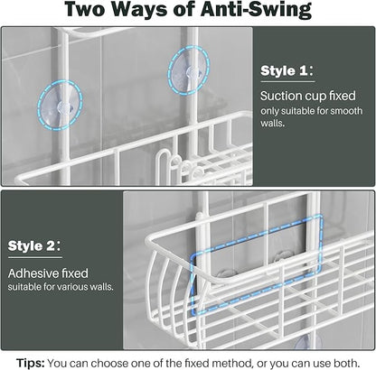 Epicano Shower Caddy Hanging, Anti-Swing Over Head Shower Caddy Rustproof with hooks for Towels, Sponge and more,White