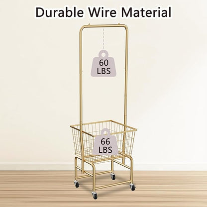 Rolling Laundry Cart with Wheels, Laundry Hamper Basket Organizer with Clothes Hanging Rack, Wire Storage Cloth Shelf Butler, Golden