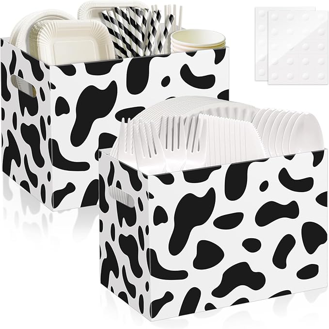 2PCS Cow Print Utensil Holder Paper Utensil Caddy for Cow Birthday Party Decorations Disposable Cutlery Holder with Handles Cutlery Caddy for Farm Animal Party Supplies Black and White Snack Box