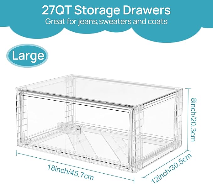 Vtopmart 4 Pack Large Clear Stackable Storage Drawers 27QT, Easily Assemble Plastic Closet Storage Bins, Dust-Proof UnderBed Organizer for Clothing, Sweater Organization