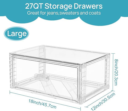Vtopmart 4 Pack Large Clear Stackable Storage Drawers 27QT, Easily Assemble Plastic Closet Storage Bins, Dust-Proof UnderBed Organizer for Clothing, Sweater Organization