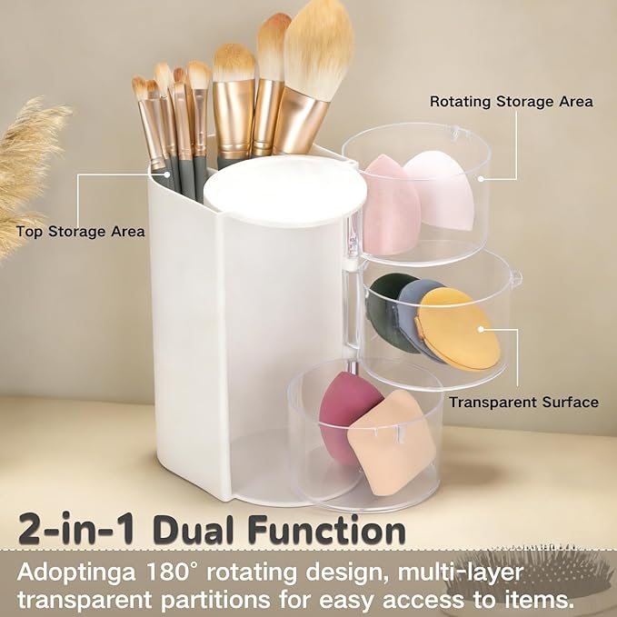 Rotating Hair Accessory Organizer, 3-Tier Transparent Storage Container with Makeup Brush Holder, Hair Clip and Jewelry Display Stand, Office organizer