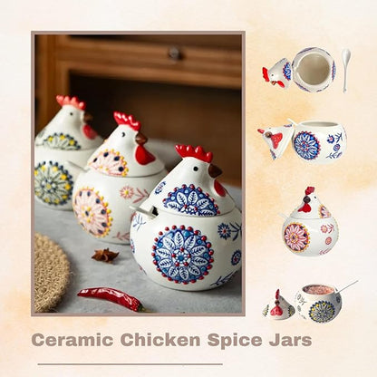 13.5 Oz Salt Cellar With Lid and Spoon (Green)- Ceramic Chicken Spice Jars for Salt, Sugar, Pepper - Spice Containers for Countertop