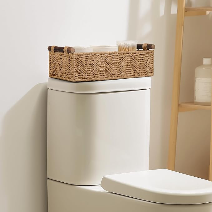 Bathroom Baskets for Organizing with Handle Decorative Basket for Bathroom Countertop Storage Toilet Paper Storage Basket for Toilet Tank Top Small Baskets Set,Cream