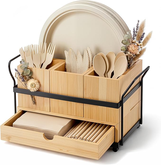 Qunclay Wooden Silverware Caddy with Drawer, Utensil Holder with 4 Compartments and Portable Handle, Removable Cutlery and Flatware Organizer for Forks, Spoons, Napkins, Kitchen Countertop