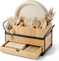 Qunclay Wooden Silverware Caddy with Drawer, Utensil Holder with 4 Compartments and Portable Handle, Removable Cutlery and Flatware Organizer for Forks, Spoons, Napkins, Kitchen Countertop