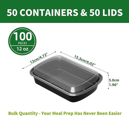 Meal Prep Containers, 50 Pack 12oz (100-Piece) Disposable Take Out Food Storage Containers with Leakproof Lids, Reusable Plastic To Go Lunch Boxes, BPA Free, Microwave/Dishwasher/Freezer Safe